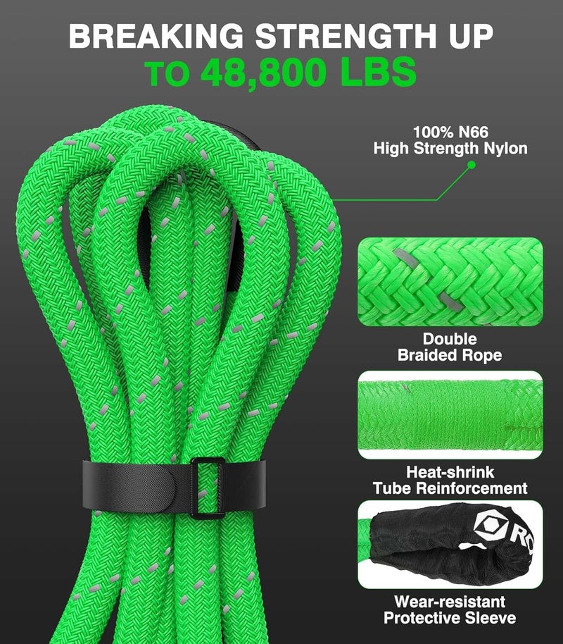 Roylvan 1" x 30ft Kinetic Recovery Tow Rope, 48800 LBS Nylon Tow Strap with 2 Soft Shackles 1/2" x 22", 30% Elasticity Heavy Duty Offroad Towing Straps Kit for Trucks, SUV, Tractor, Fluorescent Green - Image 2